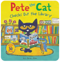 Image of Pete the cat checks out the library